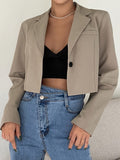 Cropped Solid Lapel Blazer, Elegant Open Front Long Sleeve Outerwear, Women's Clothing