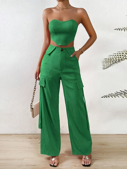 vlovelaw  Solid Color Two-piece Set, Tie Back Tube Top & Button Long Pants Outfits, Women's Clothing