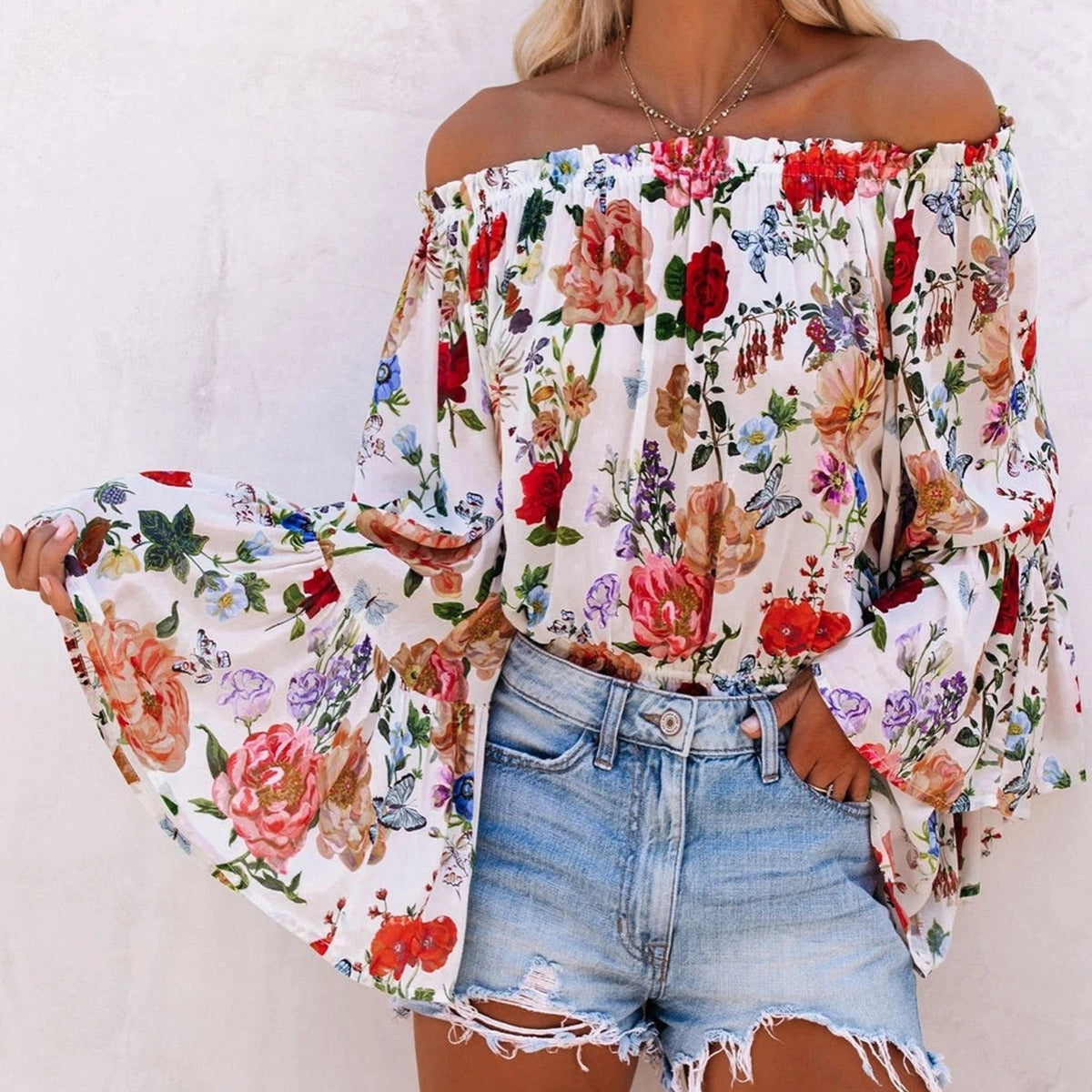 vlovelaw Women's T-shirt Women Floral Print Smocked Cuff Flare Sleeve Shirt