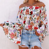 vlovelaw Women's T-shirt Women Floral Print Smocked Cuff Flare Sleeve Shirt
