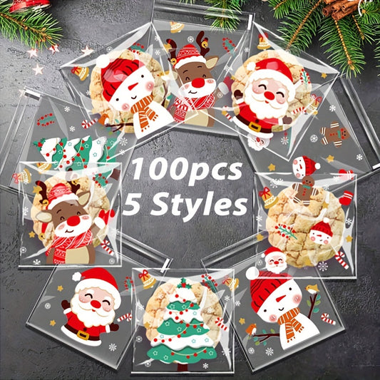 100pcs Christmas Candy Bags - Self-Adhesive Clear Plastic Snack Pouches for Holiday Party Supplies, Disposable Cookie Bags with Festive Santa, Reindeer, Snowman Designs (5 Styles)