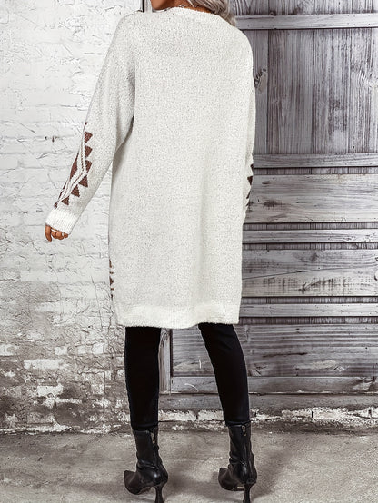 Argyle Print Knit Cardigan, Casual Open Front Long Sleeve Sweater, Women's Clothing