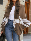 vlovelaw  Faux Fur Trim Open Front Cardigan, Fringe Hem Color Block Cape Cardigan, Women's Clothing