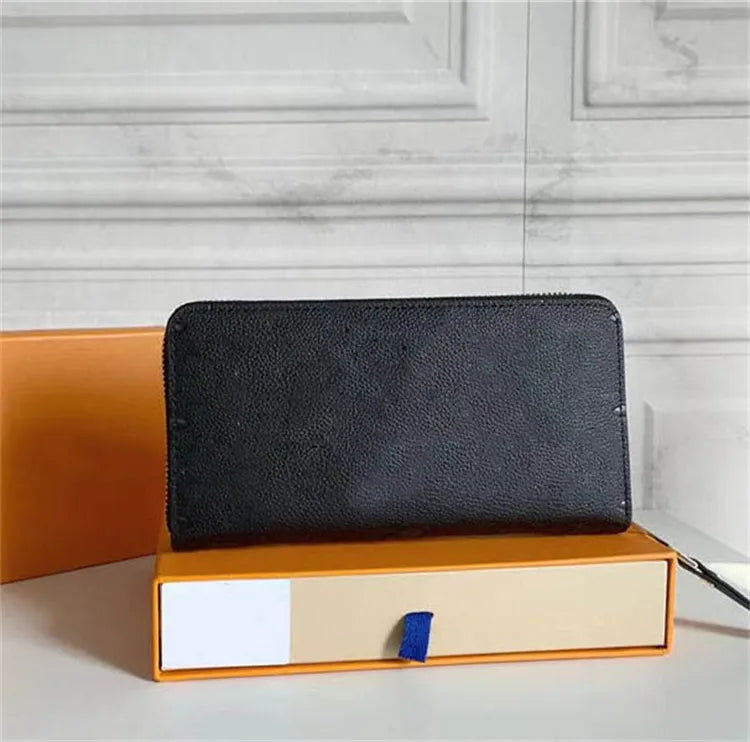 Top Designer Wallets Women Men Wallet Black Embossed Genuine Leather Wallet Single Zipper Ladies Long Purse High Quality Classic Check Flowers Wallet With Box