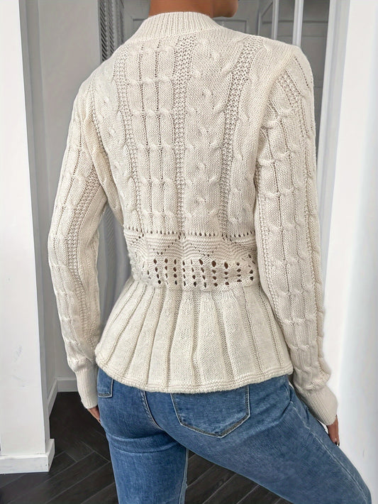 vlovelaw  Solid Cable Knit Crew Neck Sweater, Versatile Long Sleeve Hollow Out Sweater For Fall & Winter, Women's Clothing