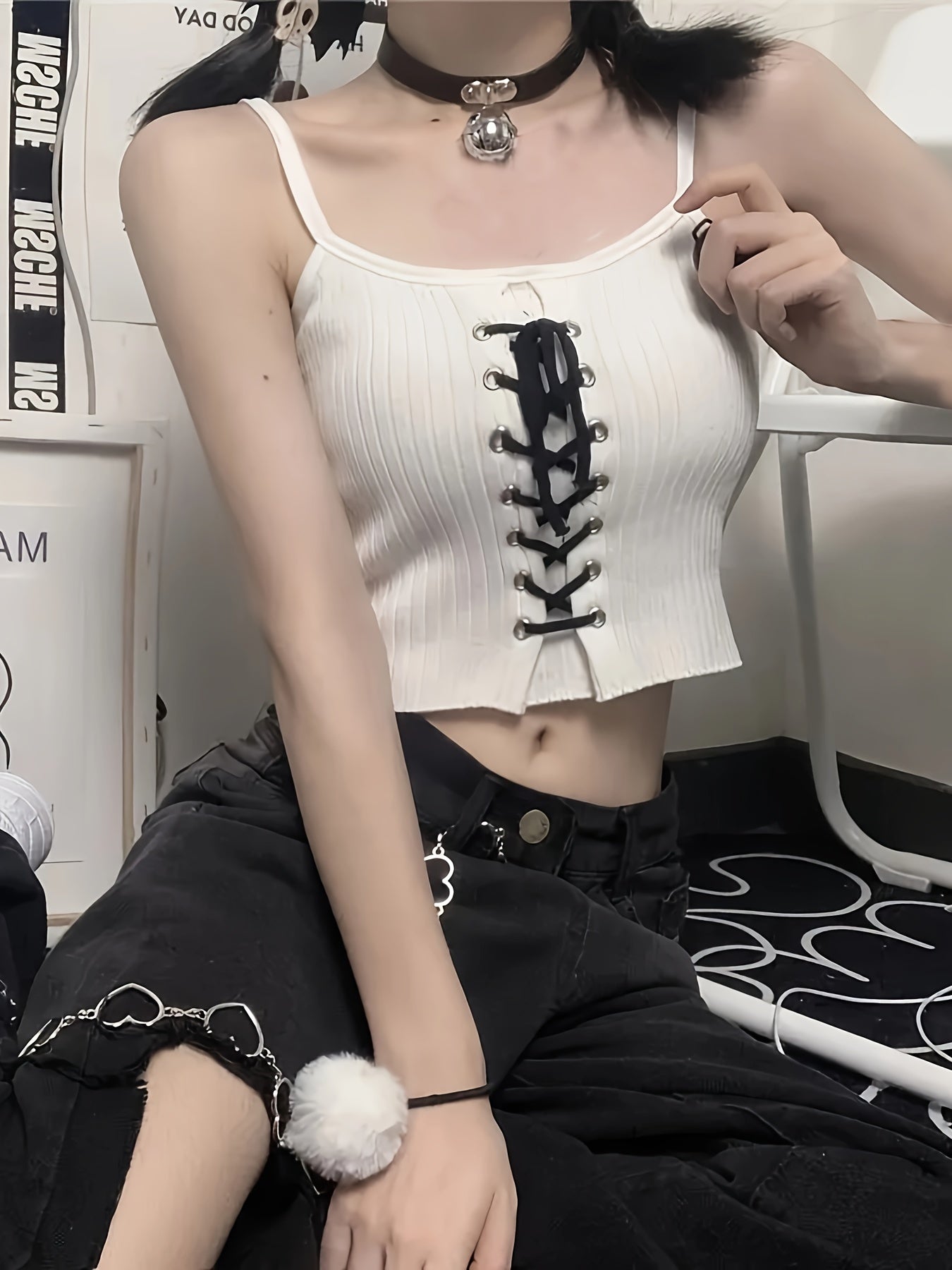 vlovelaw  Lace Up Cami Top, Y2K Sleeveless Crop Top For Spring & Summer, Women's Clothing