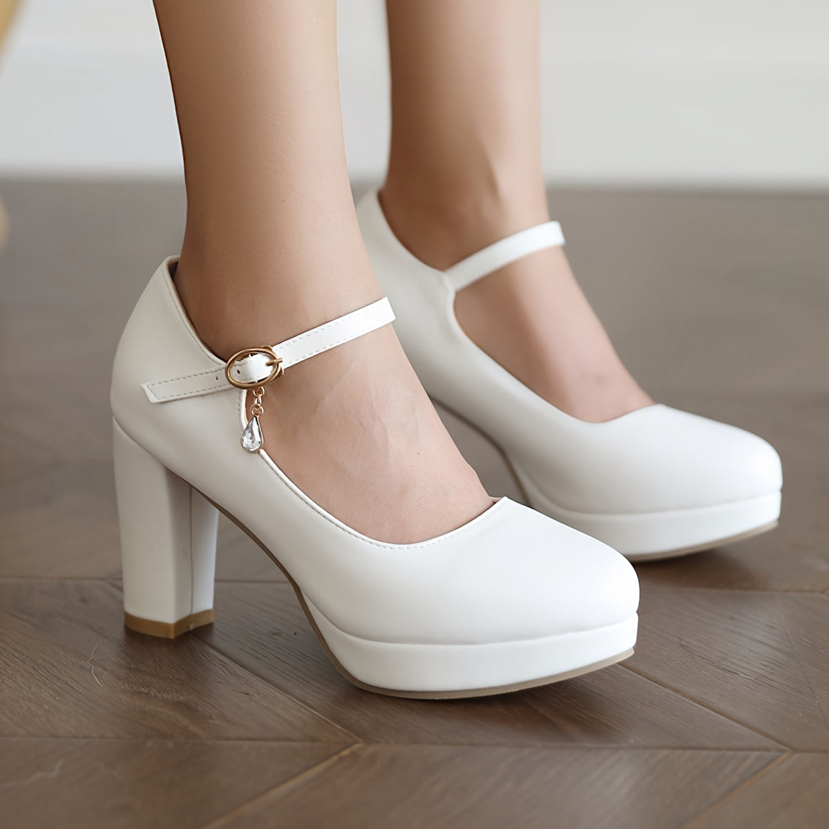 vlovelaw  Women's Solid Color Block Heels, Elegant Ankle Buckle Strap Dress Pumps, Fashion Wedding Party Heels