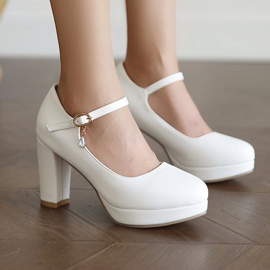 vlovelaw  Women's Solid Color Block Heels, Elegant Ankle Buckle Strap Dress Pumps, Fashion Wedding Party Heels