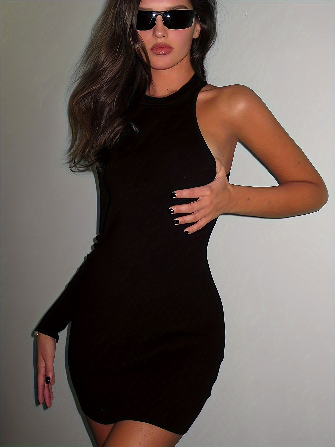 Asymmetrical Solid Mini Dress, Party Wear Bodycon Crew Neck Dress, Women's Clothing