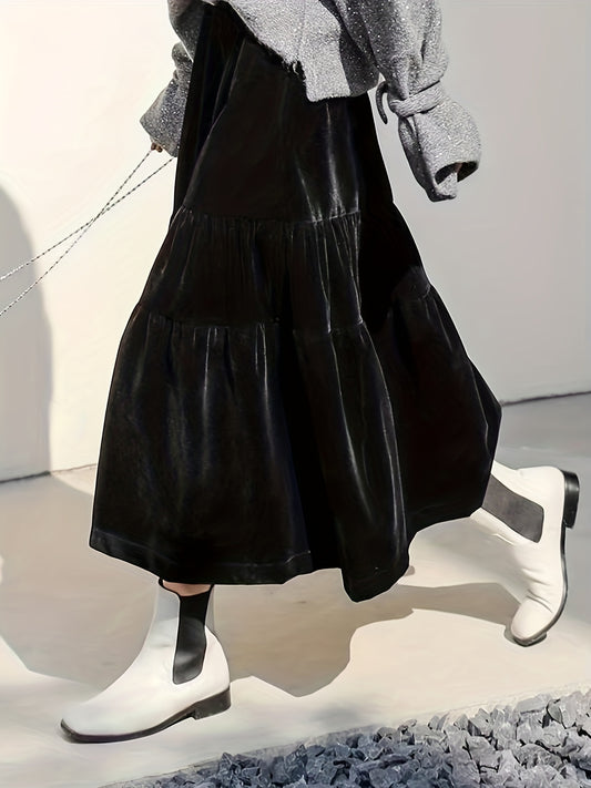 vlovelaw  Solid High Waist Skirt, Boho Ruched Draped Skirt, Women's Clothing