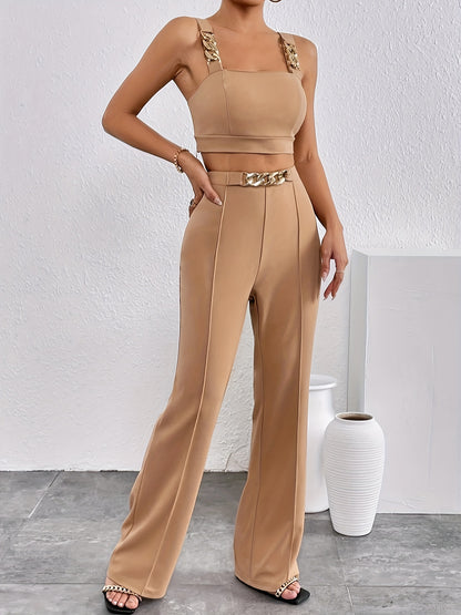 vlovelaw  Elegant Solid Color Two-piece, Chain Strap Backless Crop Top & High Waist Straight Leg Pants Outfits, Women's Clothing