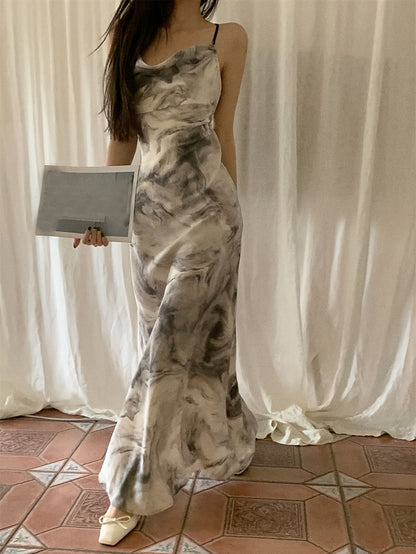 Tie Dye Cowl Neck Cami Dress, Vintage Sleeveless Slim Dress For Spring & Summer, Women's Clothing