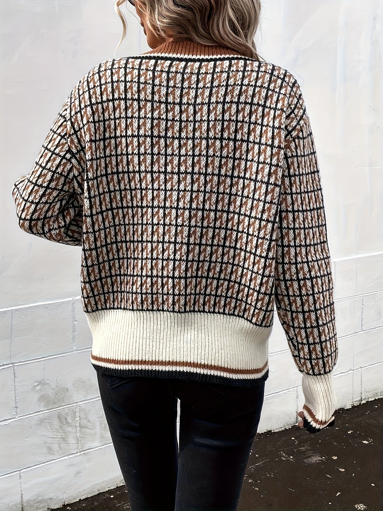 xieyinshe  Plaid Pattern Button Knit Cardigan, Vintage V Neck Long Sleeve Sweater, Women's Clothing