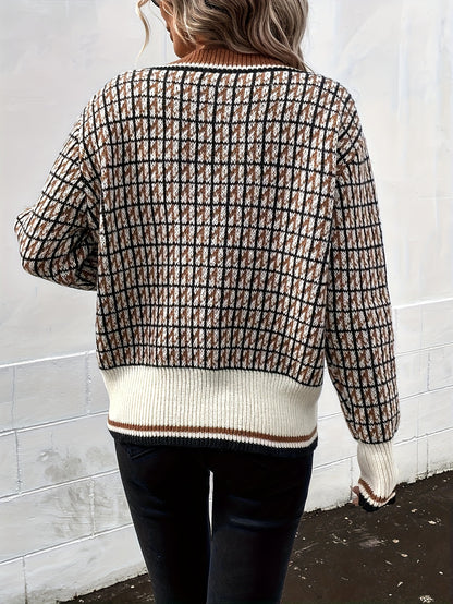 xieyinshe  Plaid Pattern Button Knit Cardigan, Vintage V Neck Long Sleeve Sweater, Women's Clothing