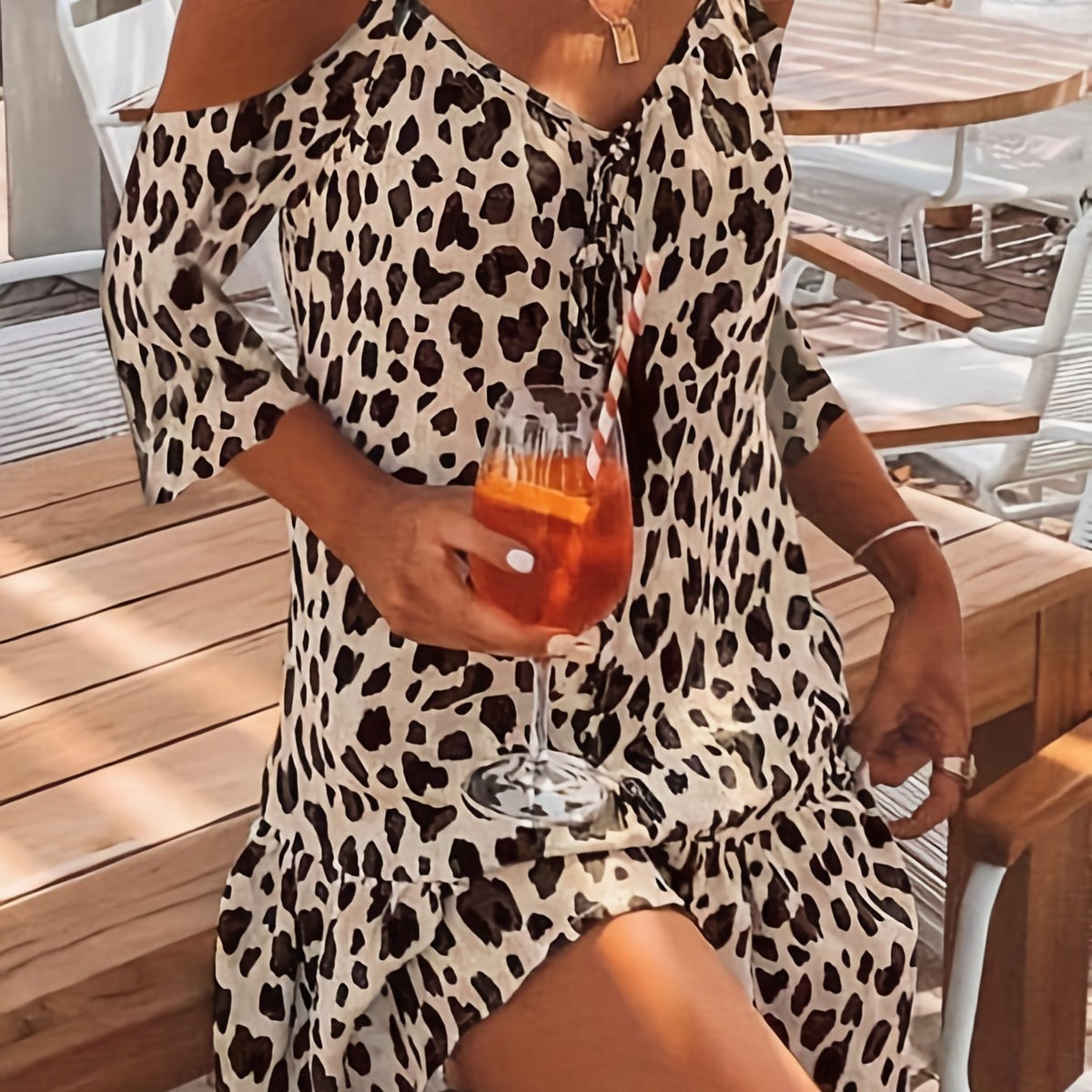 Leopard Print Cami Dress, Sexy Drawstring V Neck Ruffle Trim Dress, Women's Clothing