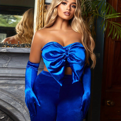 vlovelaw  Elegant Two-piece Set, Big Bow Front Crop Tube Top & Slim Pants Outfits, Women's Clothing