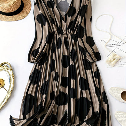 vlovelaw  Geo Allover Print Pleated Dress, Long Sleeve V-neck Elegant Dress, Women's Clothing