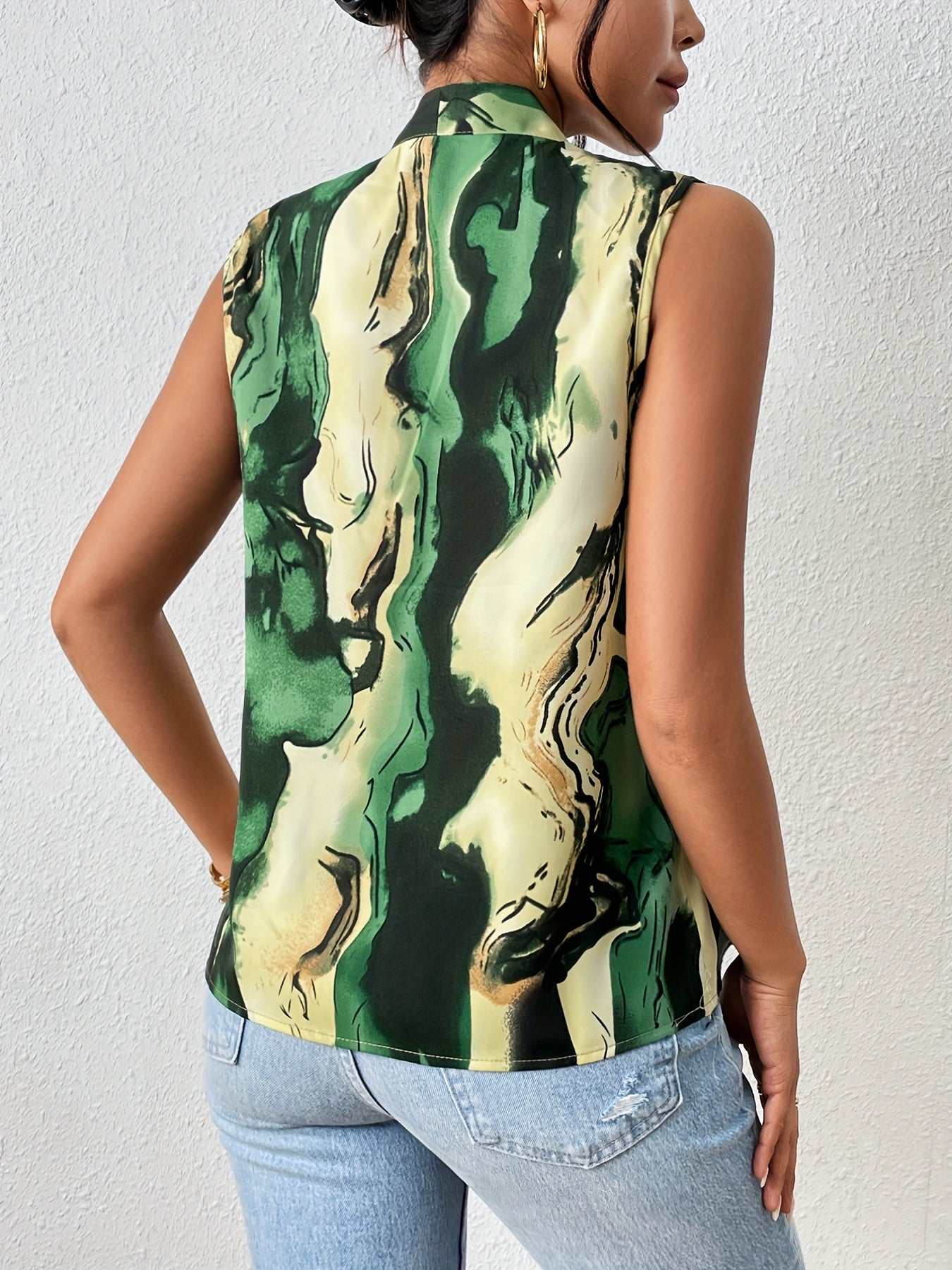 vlovelaw  Marble Print Sleeveless Blouse, Elegant V-neck Tank Blouse For Summer, Women's Clothing
