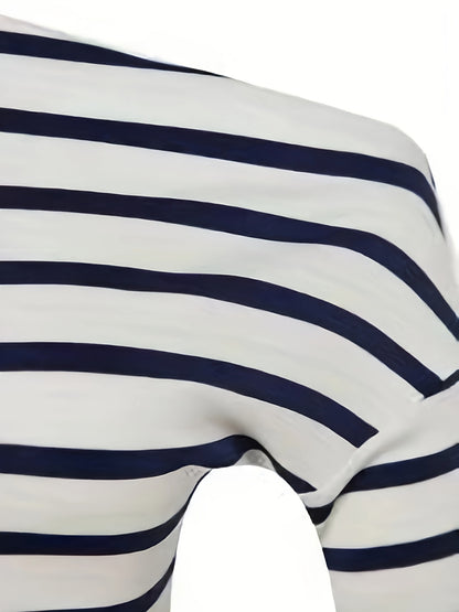 Striped Print One Shoulder T-Shirt, Long Sleeve Top For Spring & Fall, Women's Clothing