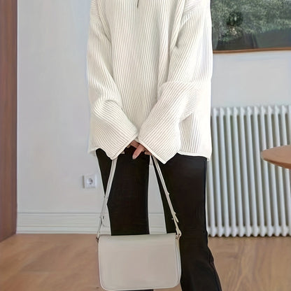 vlovelaw  Plus Size Casual Sweater, Women's Plus Solid Ribbed Drop Shoulder Long Sleeve V Neck Slight Stretch Loose Fit Pullover Jumper