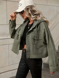 Green Long Sleeves Denim Jackets, Flap Pockets Non-Stretch Hooded Denim Coats, Women's Denim Clothing