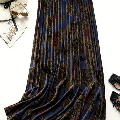 vlovelaw  Plus Size Floral Print Pleated Skirt, Elegant Skirt For Spring & Summer, Women's Plus Size Clothing