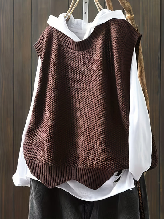 vlovelaw Solid Crew Neck Knitted Vest, Casual Sleeveless Loose Sweater, Women's Clothing