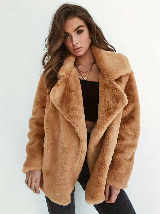 Casual Fuzzy Jacket, Teddy Collared Long Sleeve Fashion Loose Fall & Winter Bodycon Outerwear, Women's Clothing