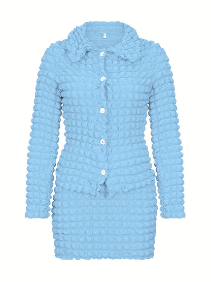vlovelaw Popcorn Style Two-piece Skirt Set, Button Front Top & Textured Skirt Outfits, Women's Clothing