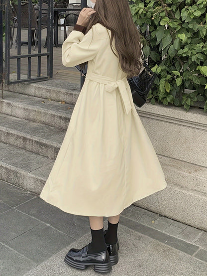 Contrast Trim Peter Pan Collar Dress, Elegant Long Sleeve Belted Dress For Spring & Fall, Women's Clothing