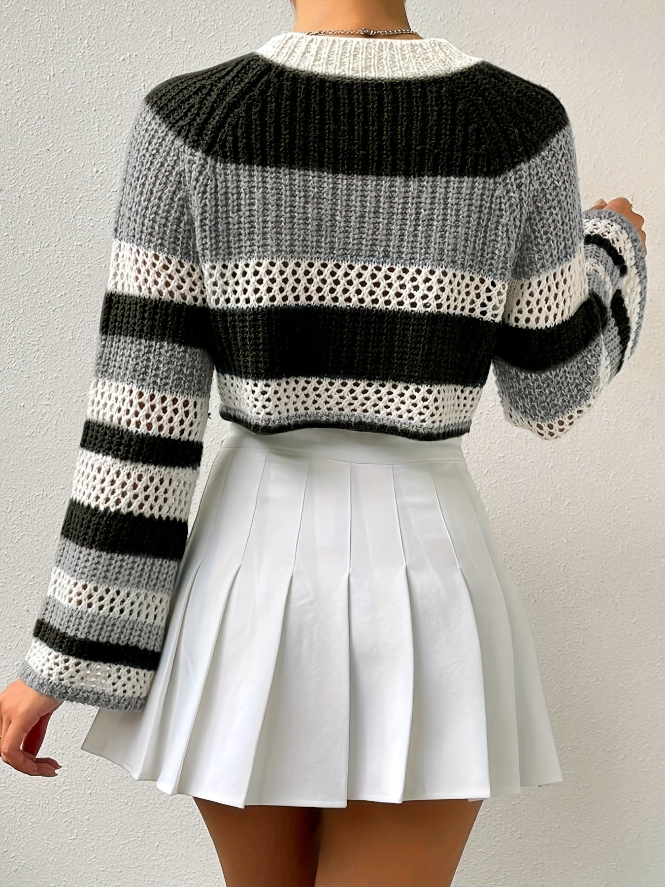 vlovelaw  Hollow Outer Striped Knit Sweater, Casual Crew Neck Long Sleeve Sweater, Women's Clothing