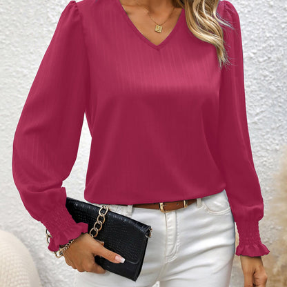 vlovelaw  Stripe Textured V Neck Blouse, Casual Lettuce Cuff Long Sleeve Top For Spring & Fall, Women's Clothing