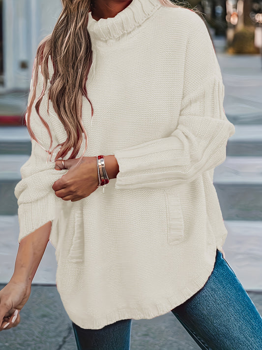 vlovelaw  Plus Size Casual Sweater, Women's Plus Solid Long Sleeve High Neck Slight Stretch Jumper