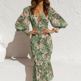 vlovelaw  Elegant V-neck Ruffled Bodycon Long Dress, Long Sleeve Print Waist Summer Slim Dresses, Women's Clothing
