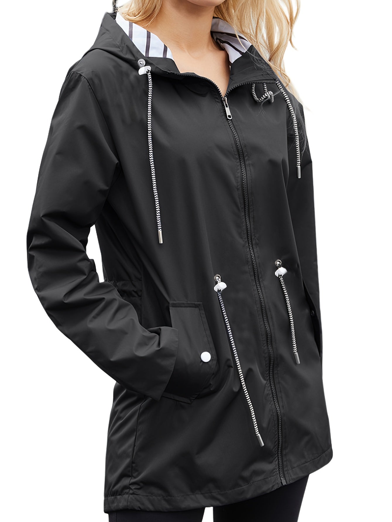 vlovelaw  Lightweight Waterproof Raincoats, Outdoor Hooded Windbreaker, Zip Up Drawstring Rain Jackets With Pockets, Women's Clothing