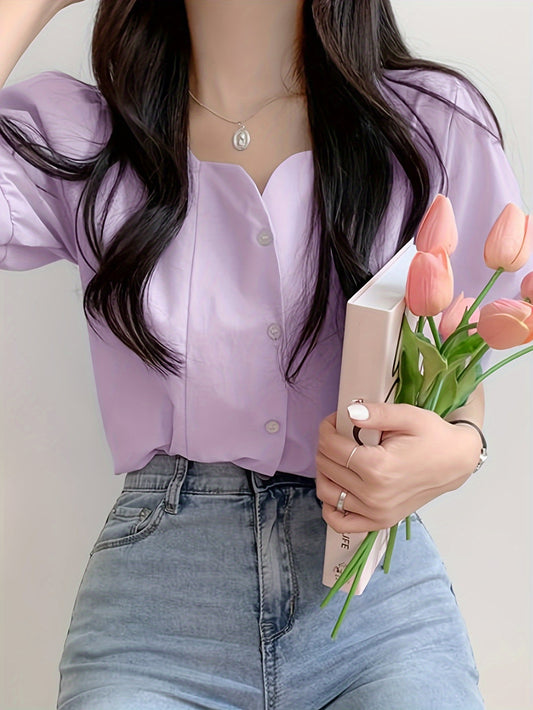 vlovelaw Solid Color Button Front Blouse, Casual Short Sleeve Blouse For Spring & Summer, Women's Clothing