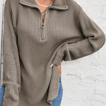 vlovelaw Long Sleeve Half Zip Sweater, Side Slit Casual Sweater For Winter & Fall, Women's Clothing