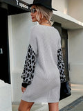 vlovelaw  Contrast Leopard Pattern V Neck Knitted Dress, Sexy Belted Dress For Fall & Winter, Women's Clothing
