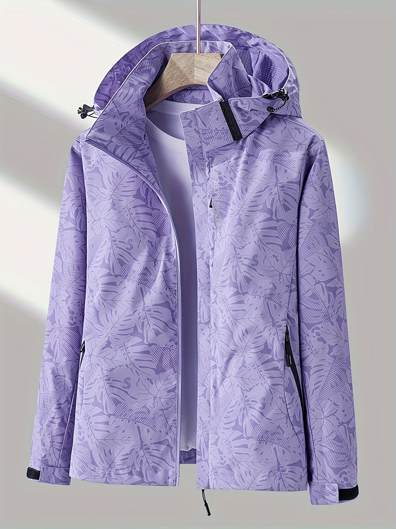 vlovelaw  Leaf Print Outdoor Jacket With Removable Hood, Women's Windproof & Rainproof Jacket, Women's Outdoor Clothing