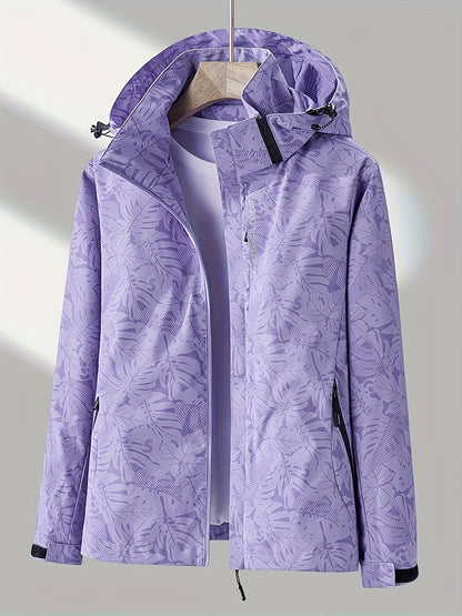 vlovelaw  Leaf Print Outdoor Jacket With Removable Hood, Women's Windproof & Rainproof Jacket, Women's Outdoor Clothing
