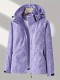 vlovelaw  Leaf Print Outdoor Jacket With Removable Hood, Women's Windproof & Rainproof Jacket, Women's Outdoor Clothing