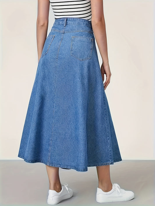 vlovelaw  Single-breasted Plain Washed Denim Skirt, Slash Pocket A-line Maxi Preppy Denim Skirt, Women's Denim Jeans & Clothing