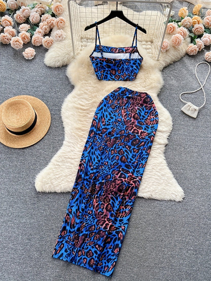 vlovelaw  Y2K Leopard Print Two-piece Set, Crop Sleeveless Cami Top & Slim Long Skirt Outfits, Women's Clothing