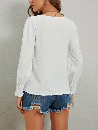 vlovelaw  Swiss Dot Crew Neck Blouse, Elegant Long Sleeve Blouse, Women's Clothing