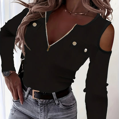vlovelaw Zipper Color Block T-shirt, Casual Cold Shoulder Long Sleeve T-shirt, Women's Clothing