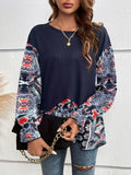 vlovelaw  Tribal Stitching Color Block Tee, Casual Long Sleeve Ruffle Trim T-shirt, Women's Clothing