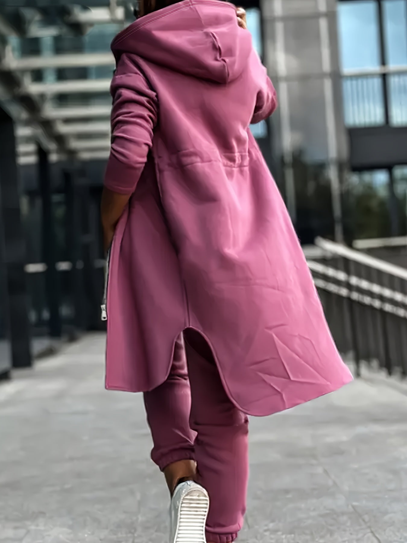 Solid Casual Two-piece Set, Zip Up Mid Length Hooded Tops & Long Length Jogger Pants Outfits, Women's Clothing