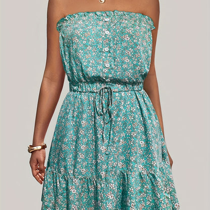 Ditsy Floral Off Shoulder Dress, Sexy Sleeveless Drawstring Summer Dress, Women's Clothing