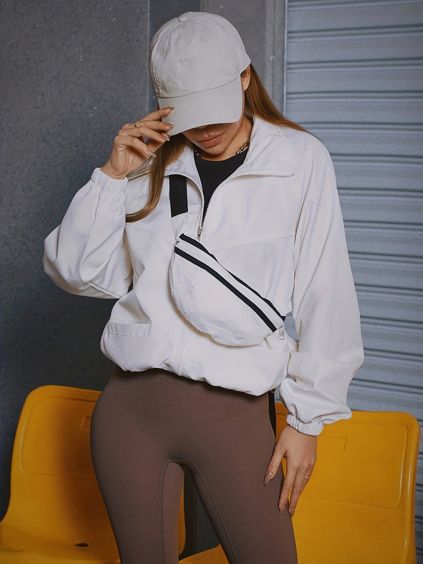 vlovelaw  Solid Zip Up Jacket, Casual Long Sleeve Windproof Daily Outerwear With Bag, Women's Clothing