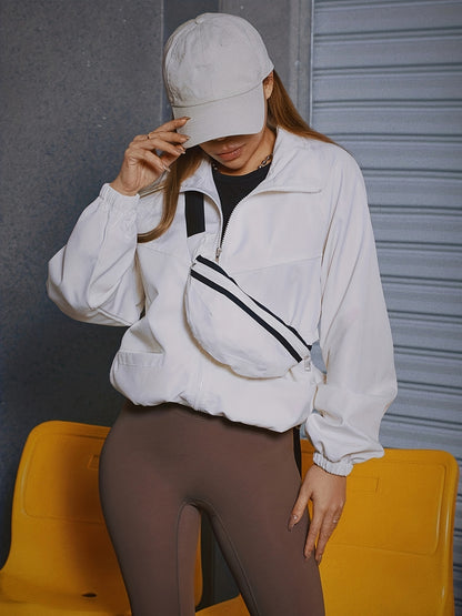 vlovelaw  Solid Zip Up Jacket, Casual Long Sleeve Windproof Daily Outerwear With Bag, Women's Clothing